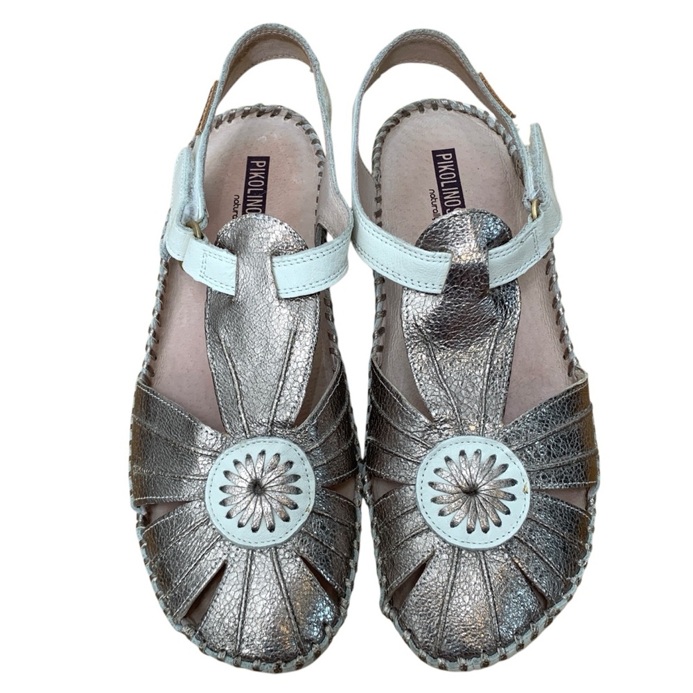 PIKOLINOS Puerto Vallarta Sandals Sz 39 US 8.5-9 White Metallic Leather Non-Slip